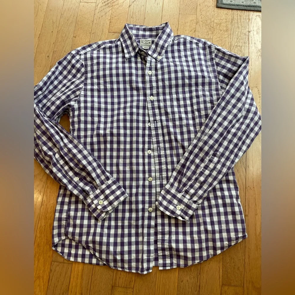 J crew purple‎ white check-button down-size medium-unisex-all cotton! 1980s VTG